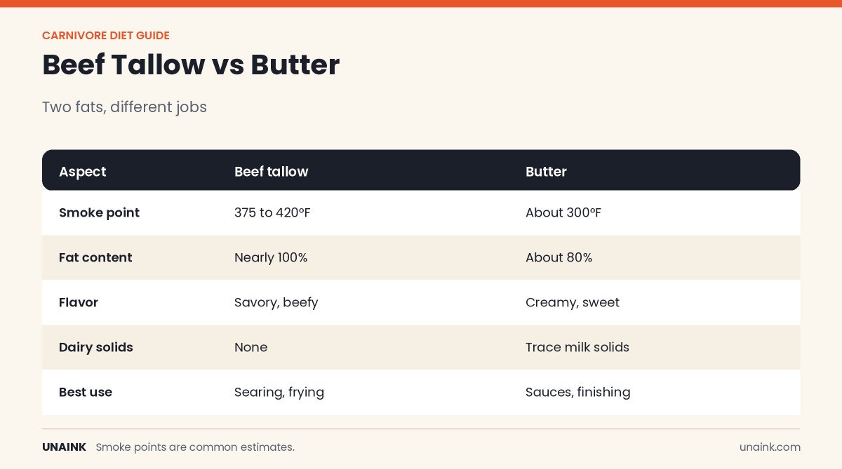 Chart comparing beef tallow vs butter on smoke point, fat content, and flavor