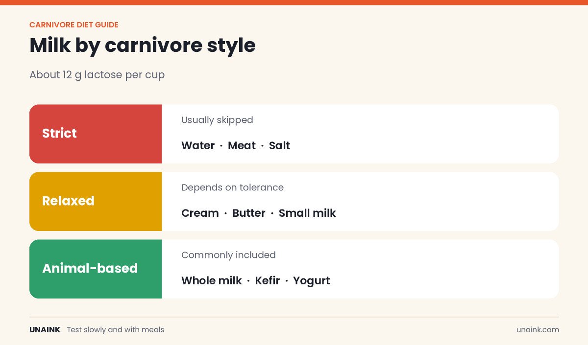 Chart showing can you drink milk on carnivore diet by strict, relaxed and animal-based styles