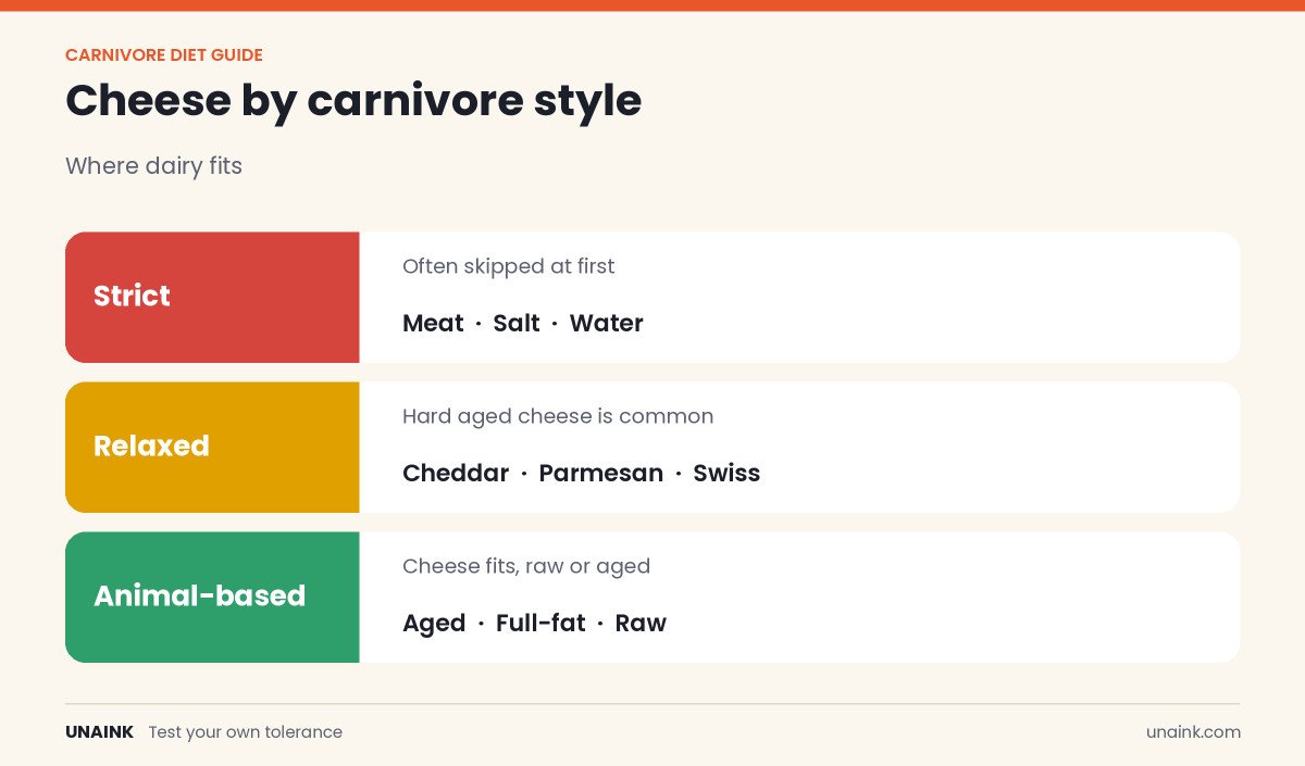 Chart showing can you eat cheese on carnivore diet by strict, relaxed and animal-based styles