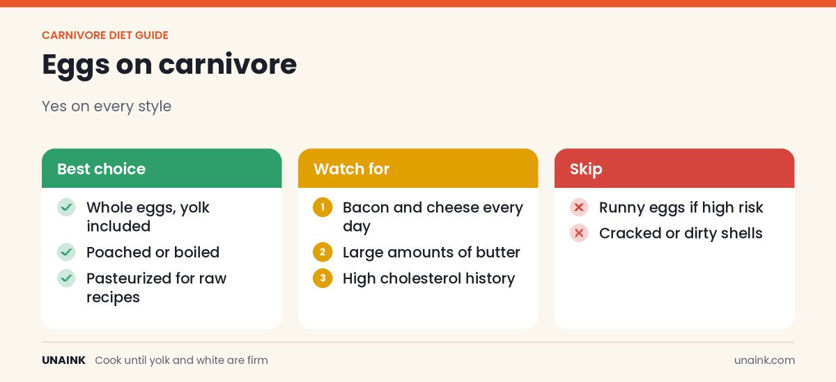 Guide showing can you eat eggs on carnivore diet with best choices, cautions and items to skip