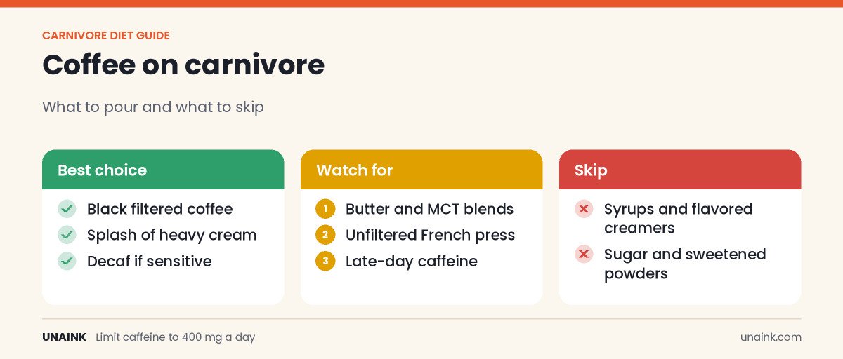Guide showing can you have coffee on carnivore diet with best choices, cautions and items to skip