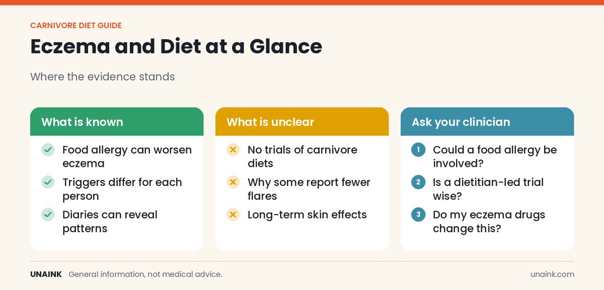 Infographic on carnivore diet and eczema: what is known, unclear, and what to ask