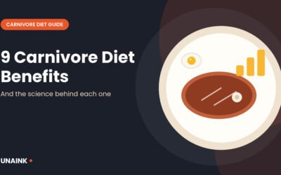 Carnivore diet benefits illustration with steak, egg and a rising bar chart on a plate