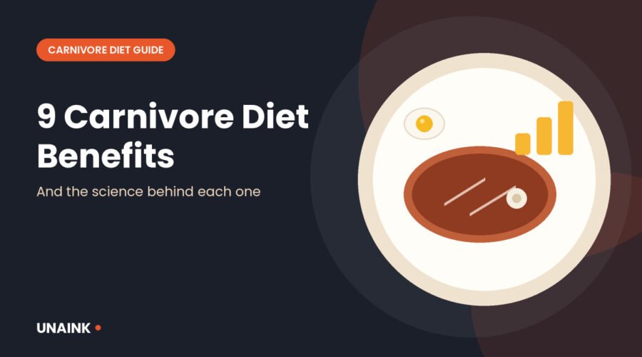 Carnivore diet benefits illustration with steak, egg and a rising bar chart on a plate