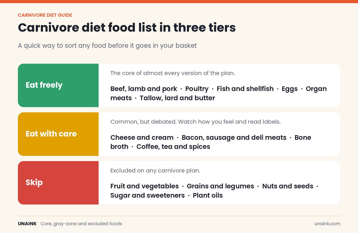Carnivore diet food list sorted into eat freely, eat with care and skip groups