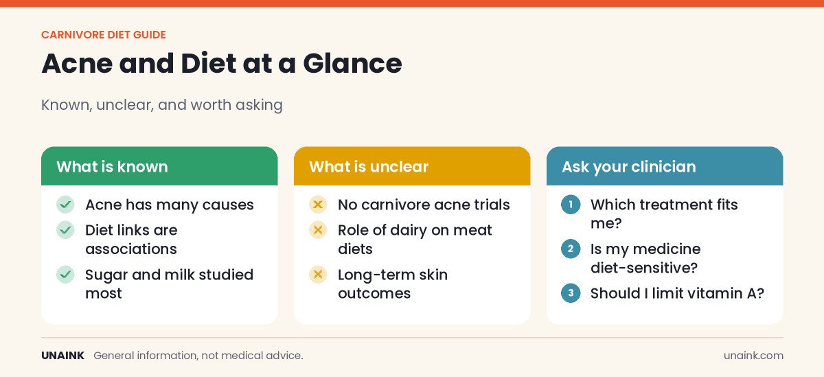 Infographic on carnivore diet for acne: known, unclear, and questions to ask