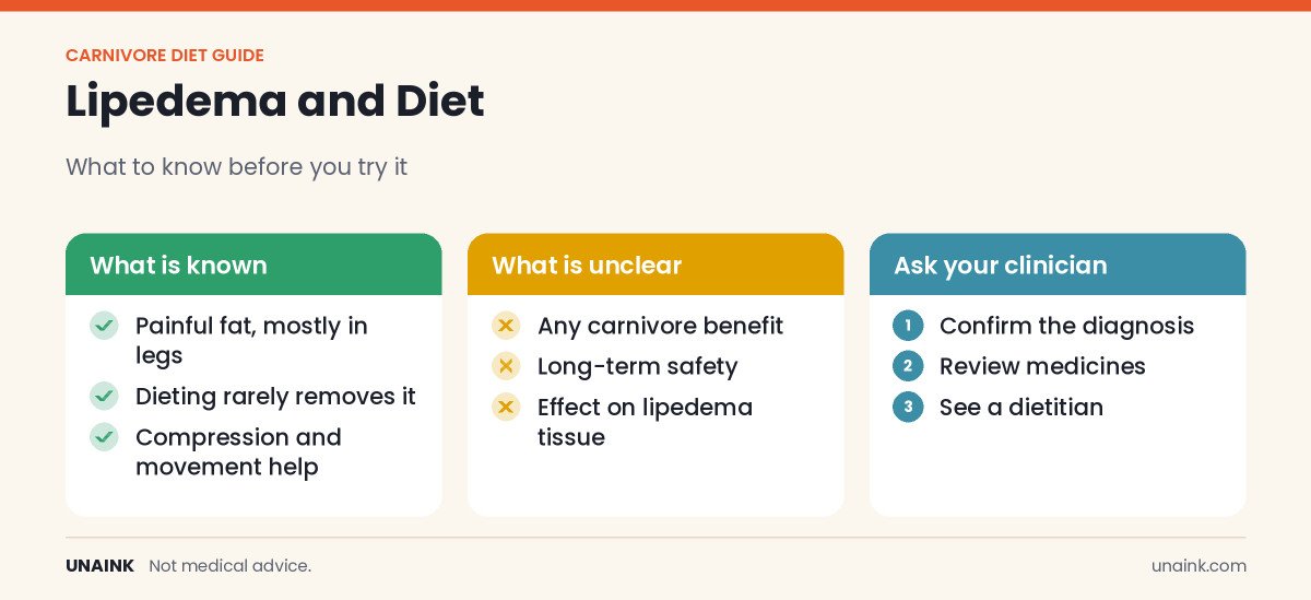 Infographic on what is known about the carnivore diet for lipedema