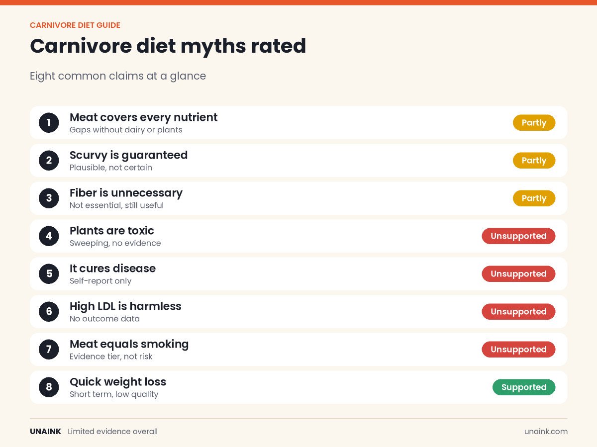 Infographic rating carnivore diet myths as supported or unsupported