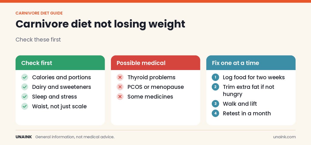 Infographic of reasons for carnivore diet not losing weight