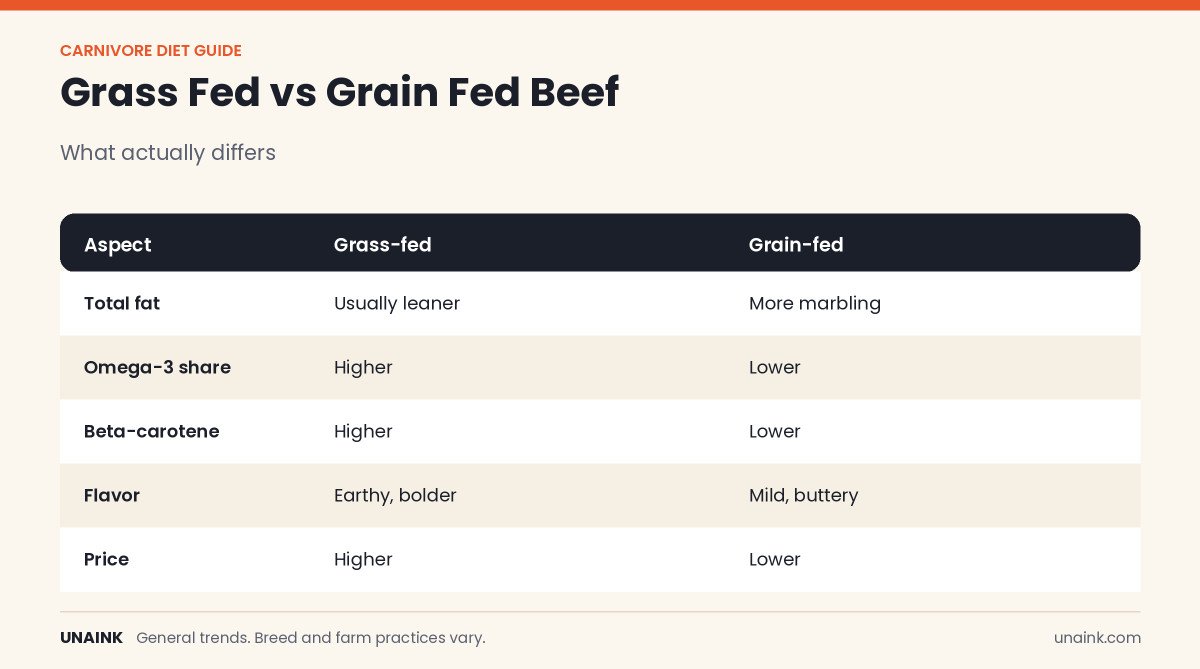 Comparison chart of grass fed vs grain fed beef on fat, omega-3, flavor, and price
