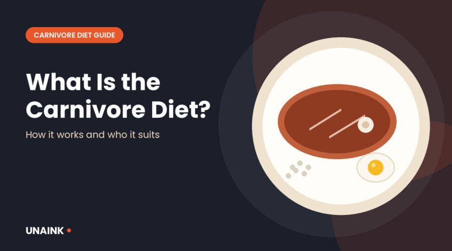 Carnivore diet overview illustration showing a plate with steak, an egg and salt